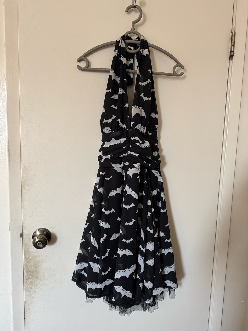 Hell Bunny Black and White Bat-Print Backless Halter Dress